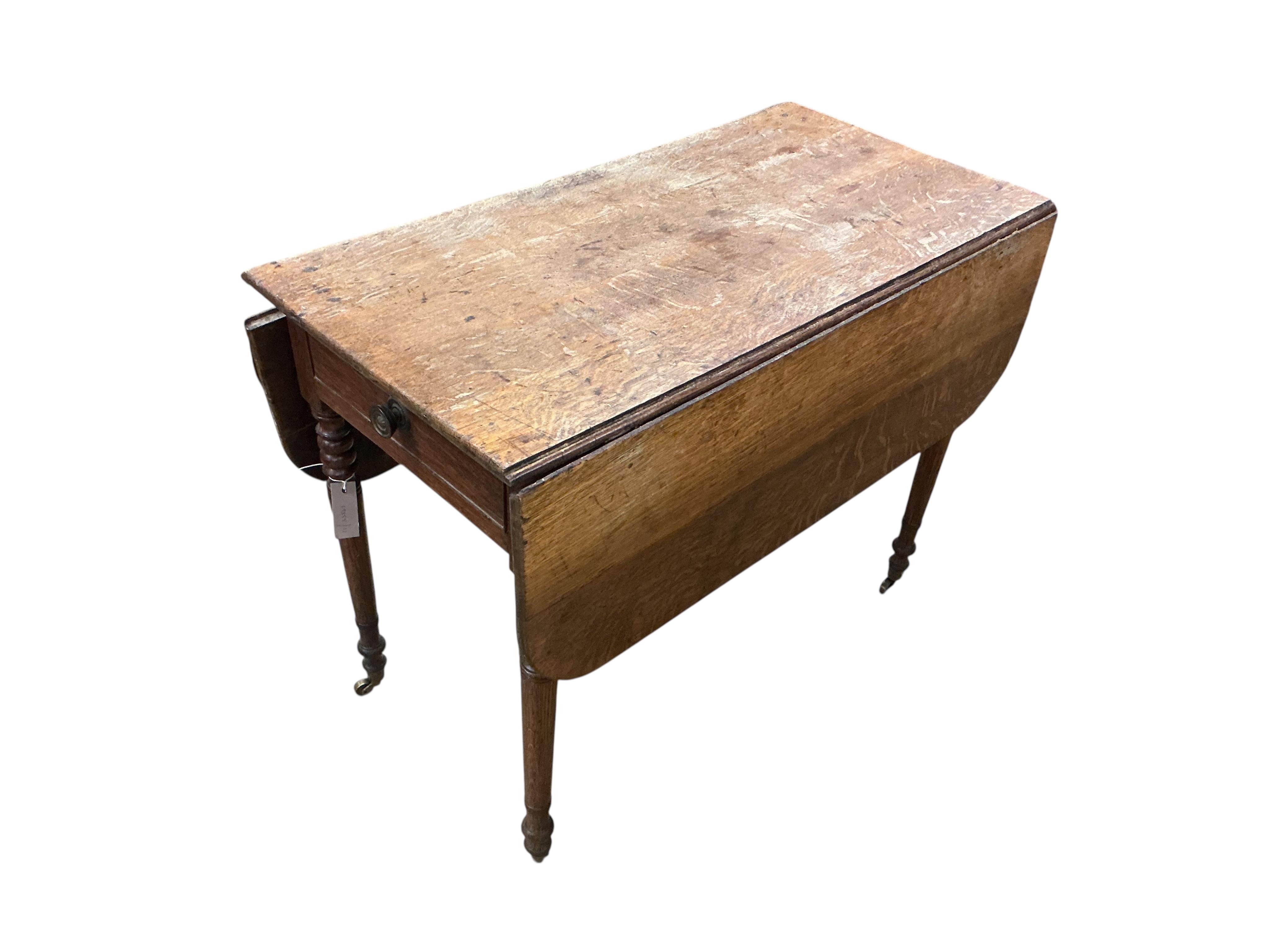 An early 19th century oak drop flap table, in need of restoration, width 91cm, depth 48cm, height 70cm